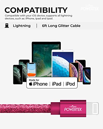 Сертифицирано зарядно устройство LIQUIPEL Powertek Glitter Пфи, Съвместимо с Apple iPhone, iPad, 6 фута Кабел, Кабел Lightning-USB