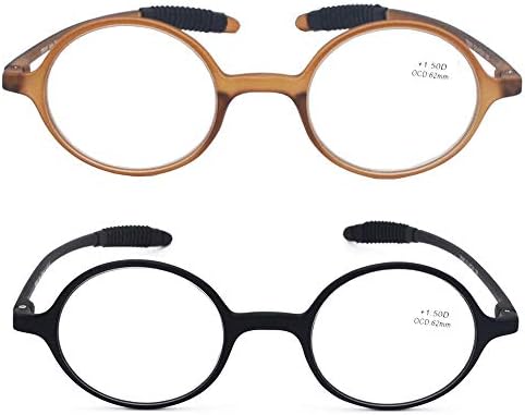 2 Опаковане на кръгли леки очила за четене, Гъвкави (от еластична пластмаса), за четене, за мъже и Жени от Mcoorn (1 черен и 1 кафяв,