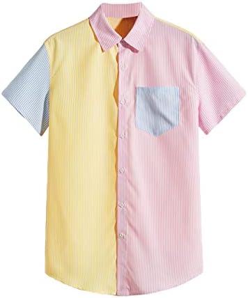 WDIRARA Мъжка Риза с цветен блок на копчета с Къс ръкав и Джоб Отпред, Върхове