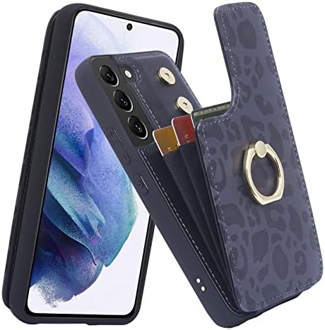 Калъф за телефон Elteker Samsung Galaxy S22 с държач за карти, Калъф-джобен формат на Galaxy S22 за жени с поставка за пръстени, Отделения за карти с RFID заключване, Кожен калъф за Samsung