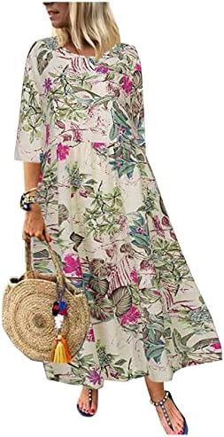 ADHOWBEW Женски Ежедневното Модно Макси Рокля с кръгло деколте и Цветен модел и 3/4 ръкав в стил Бохо Голям Размер