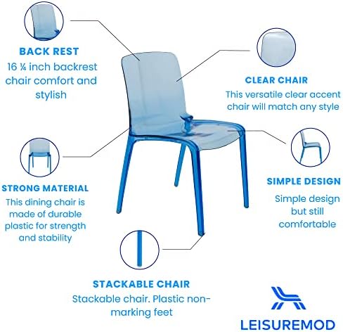 Съвременен стол за хранене LeisureMod Adler средата на века, комплект от 2 (прозрачен синьо)
