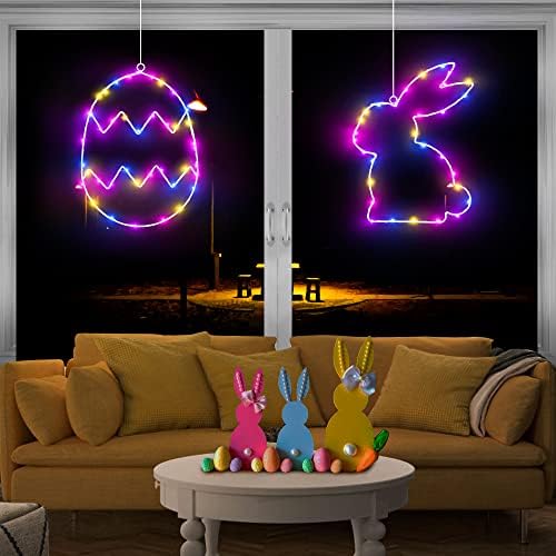 [Timer] Великденски декорации, 2 опаковки от прозореца на лампи с великден яйце-заек, Великденски светлини работещи на батерии, 8 режима на осветление, Цветна Силует на