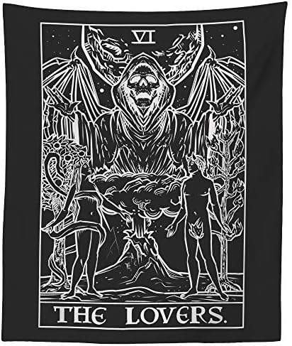 Гоблен с карти Таро за Влюбени (Черно-бяло) - Grim Reaper - Готически Двойка, Начало Декор за Хелоуин, монтиран на стената (80 x
