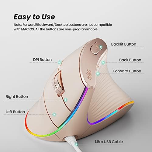 Жичен Вертикална мишката Nulea, USB Ергономична Оптична Мишка с 4 Регулируеми точки на инч, 11 Режими, RGB осветление, Съвместимо