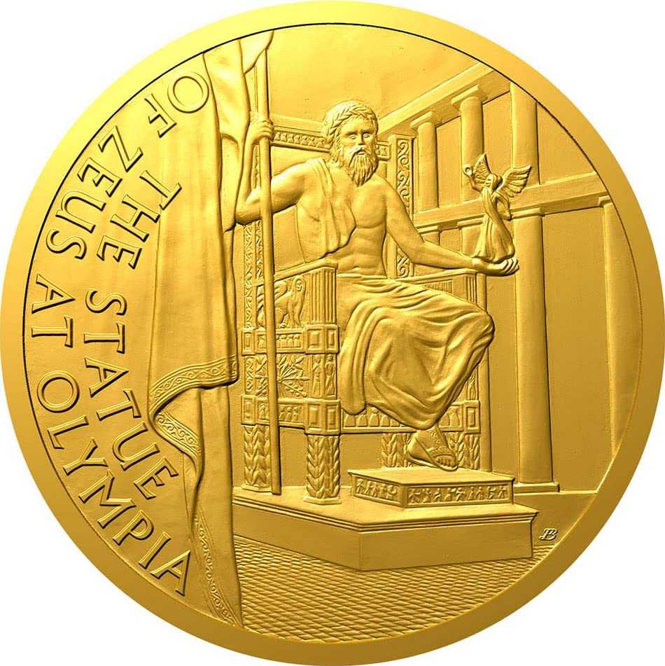 2022 DE Седем Чудеса на PowerCoin Статуята на Зевс в Олимпия на Древния Свят-Златна Монета с тегло 1 Унция 50 $ Ниуе 2022 Proof