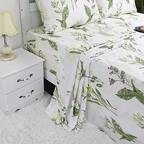 Комплект спално бельо FADFAY Cal King с цветен Модел, Памук, Зелено-бели Кърпи с ботанически Листа, Лавандула, Маргаритка,