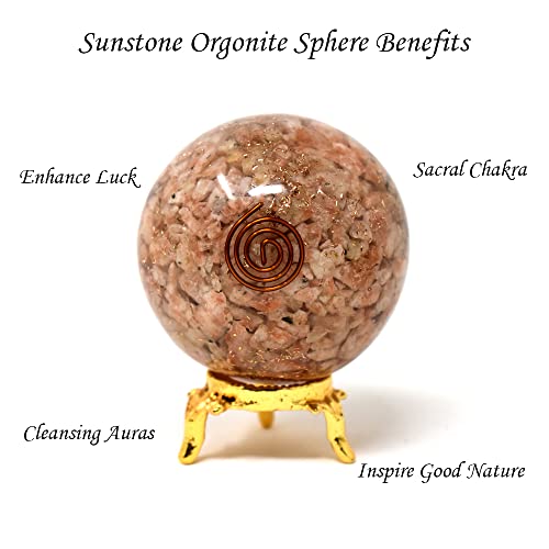 Orgonite Shop Слънчев Камък, Топка-Сфера От Оргонита С Притежателя на Естествени Резбовани Кристални Топки За Медитация 50-60 мм