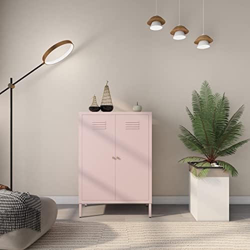 LINGZOE 2-врати розово метален шкаф за съхранение, акцентные шкафове с врати и рафтове, метални шкафчета за детска спалня