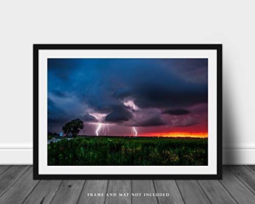Снимка на буря, Принт (без рамка), Изображението на светкавици, когато огън се върти по залез слънце штормовым вечер в Оклахома,
