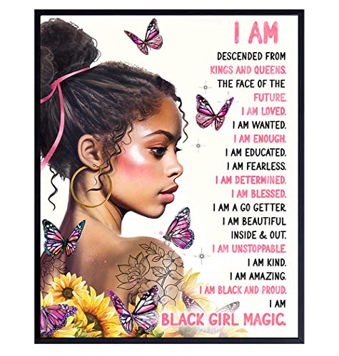 Афроамериканские жени Стенно изкуство - Розови Вдъхновяващи цитати Стенно изкуство и декор - Магически мотивационен плакат с черна момиче - Позитивни утвърждения -