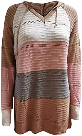 Жена вязаный пуловер с качулка в райе, ежедневна туника с дълъг ръкав и V-образно деколте, потник в цвят блок, пуловер с качулка