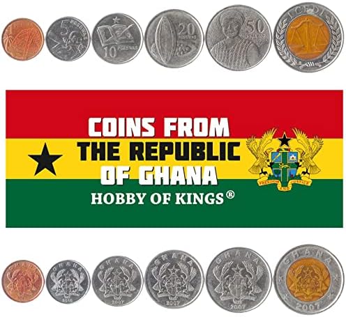 6 Монети от Гана | Колекция набор от монети на Гана 1 5 10 20 50 Песевас 1 Лира | В обращение 2007-2020 | Pod какао | Орел | Мост | Щит | Везни на Правосъдието | Трубящий рог | Отворена