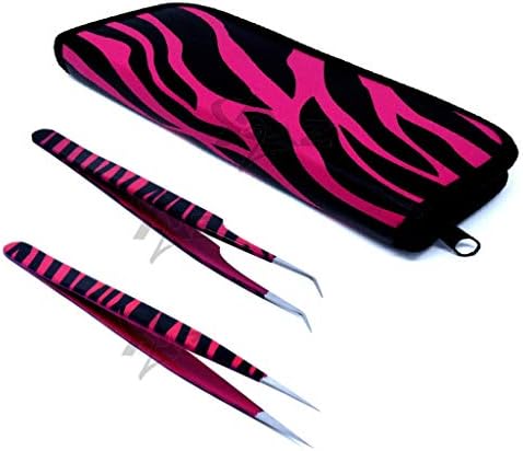 Комплект От 2 Пинцетов за изграждане на миглите от неръждаема стомана Pink Black Zebra 3D Pro с прав ъгъл + Директен тънка точка