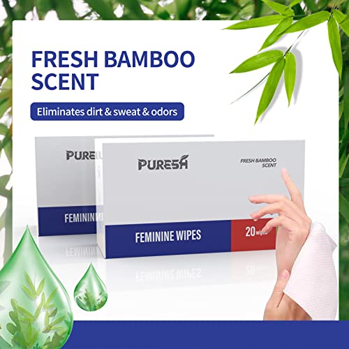 Puresh Индивидуални Дамски кърпички за интимна почистване със свеж аромат на бамбук (20 броя, 2 опаковки)