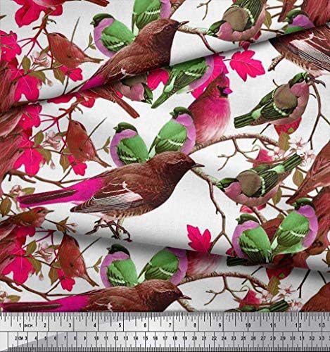 Памучен трикотажная плат Soimoi с листа, принтом птици Врабче и Робин ширина 58 см