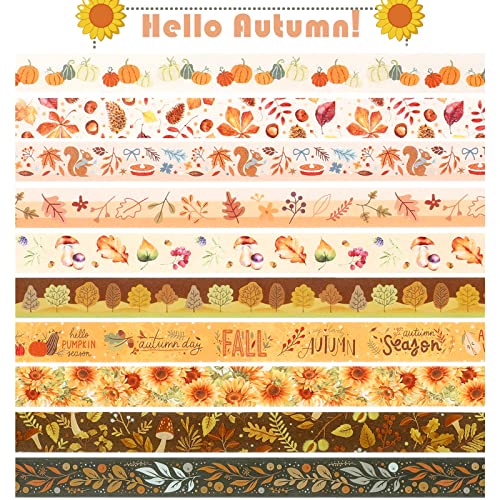 Комплект есенни ленти AEBORN за Васи - Есенна декоративна жълта лента с модели от тиква, слънчоглед, листа и борови шишарки, идеална