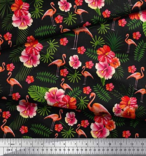 Памучен трикотажная плат Soimoi с шарките на тропически листа, цветя и птици фламинго ширина 58 см