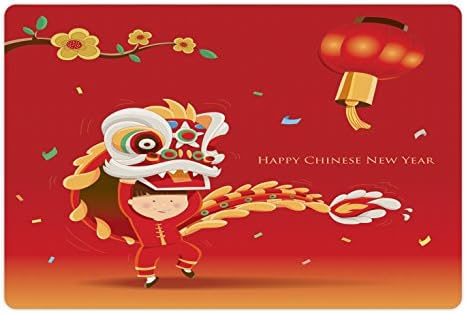 Ambesonne Китайската нова година Подложка за домашни за храна и вода, Cartoony Танц на Лъва с Националния Костюм на Цъфтящи Клони,