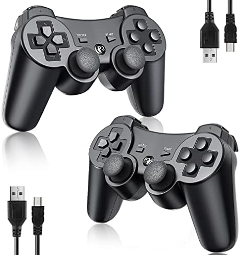 DIANVEN за PS3 Контролер Безжичен за Sony PS3 дистанционно за Playstation 3 Безжичен Контролер с двоен удар, сензор за движение, Bluetooth, USB Кабел за зарядно устройство, 2 (черен)