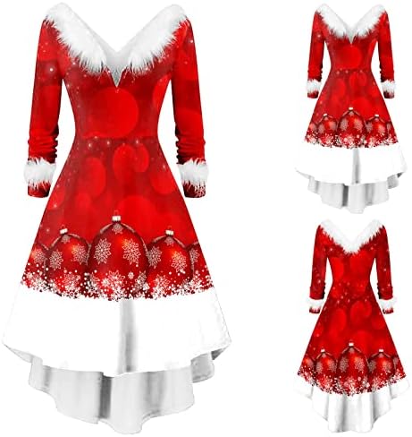 Дамски Модни Коледни Плюшена Рокля с дълги ръкави и V-Образно деколте с Неправилна Форма, Рокля-Пуловер Голям Размер