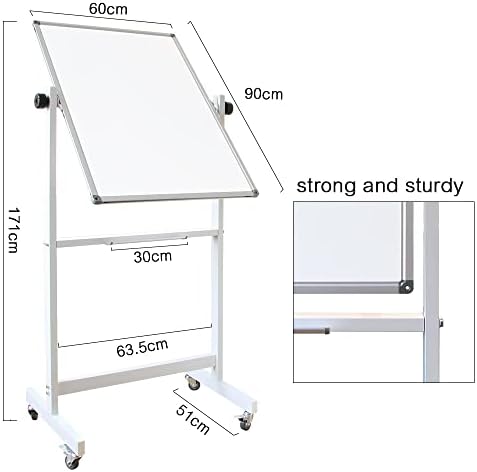 Мобилна бяла дъска Ringly 90 x 60 см, Бял, Здрава Метална рамка, Подвижна Двустранна Дъска за сухо Изтриване, Магнитна Бяла дъска с метална рамка, 24 x 36