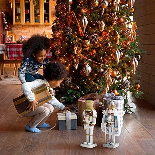 10-Инчови Коледни Дървени фигурки Щелкунчиков THE TWIDDLERS (Бели) - King & Guard Solider (2 бр) - Дървени орнаменти, Традиционни
