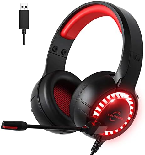 Детска слушалки MELOGAGA USB за PC, PS4 PS5, Слушалки съраунд звук 7.1 с дишаща светодиодни лампи RGB и микрофон с шумопотискане,