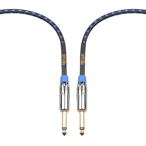 Китара кабел Clef Audio Labs Instrument, 6 фута - 1/4 инча, TS Директно до Прав Веригата на усилвател за Електрическа бас-китара, 22AWG, Корпус от Хромо-С сплав, Синя Ракита обвивка