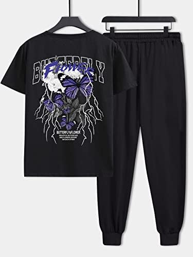 NIBHZ Облекло от две части за мъже, тениски с писмото принтом и папийонка и спортни панталони с завязками на талията (Цвят: Черен,