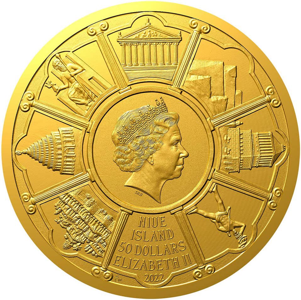 2022 DE Седем Чудеса на PowerCoin Храма на Артемида в Ефес Древния Свят-Златна Монета с тегло 1 Унция 50 $ Ниуе 2022 Proof
