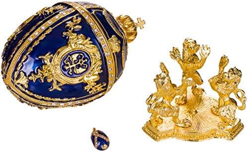angel-сувенири Яйце в стил Фаберже/Ковчег за Украшения с Лъвове и окачване 6,2 инча (15,5 см), синя