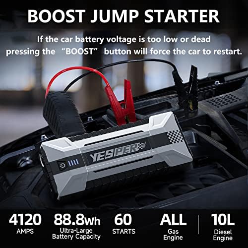 YESPER Battery Jump Starter - Преносим автомобилен стартер 4120A Peak (напълно газов, дизелов двигател с обем до 10,0 л), автоматичен
