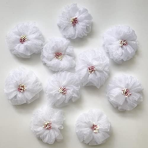 Qililandiy 10 бр., 5,5 см, изкуствени цветя, панделки от лента от органза, цветя апликация за украса на сватбени партита (бял)