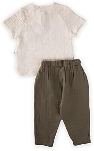 Концепцията Cigit - Очарователен Комплект детски Памучни Ленено блузи Унисекс - Мека и Дишаща тениска с ръкави и копчета и Панталони