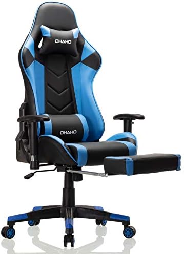 Офис стол OHAHO Gaming Chair в гоночном стил, Регулируема Масажна Лумбална възглавница, завъртащо се люлеещ се стол, Кожен стол