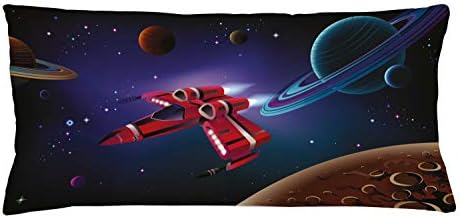 Foldout Калъф за възглавница от космическото пространство Космически кораб със Звезди-Планетите и Тъмния Фон в карикатура стил, Декоративна Калъфка за възглавница с ?