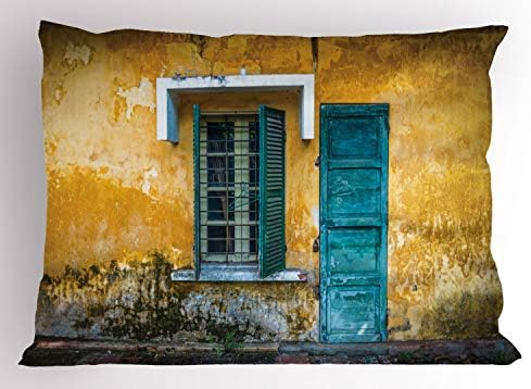 Имитация на брошенной възглавници Ambesonne, Вид на изоставен дом отвън с част от Виетнам, Грапава Жълта Стена, Декоративна Калъфка