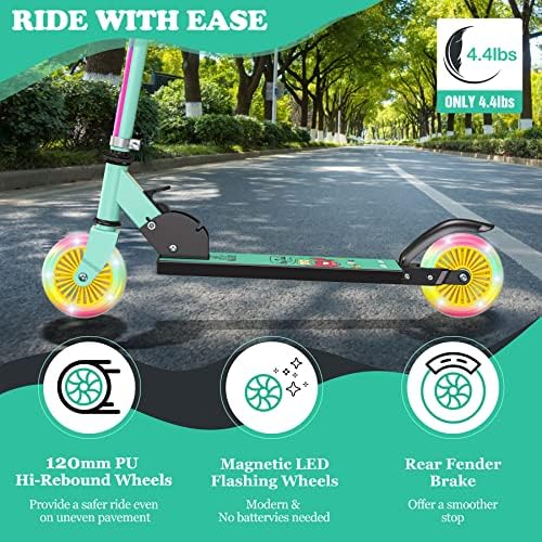 Скутер ADNOOM за деца на възраст от 3 до 12 години, Сгъваем скутер с колела с led подсветка, 3 регулируеми по височина и лек дизайн