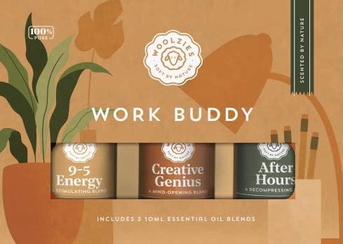 Комплект от 3 смеси от етерични масла Woolzies Work Buddy за дифузьор, тяло или локално приложение | Включително 9-5 Energy, Creative