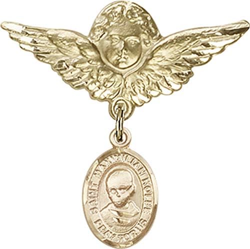 Детски икона Jewels Мания за талисман на Свети Максимилиан Кольбе и пин Ангел с крила | Детски икона от 14-каратово злато с талисман