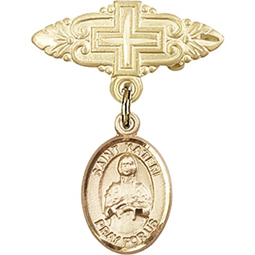 детски икона от жълто злато 14 карата с Чар Свети Катери и Игла за икона с Кръст 1 X 3/4 инча