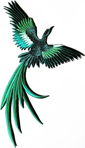 Салфетки плюс. Голям гигантски феникс Феникс птица Зелена бродирана нашивка иконата на черната пришитая емблема за якета, ризи стикер