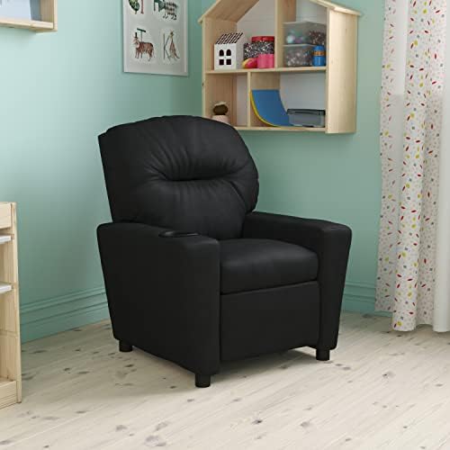 Модерно детско столче Flash Furniture от мека черна кожа с подстаканником