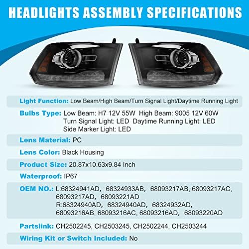 Led светлини CPW, съвместими с 2009-2018 Dodge Ram 1500 2500 3500 DRL/Двоен лъч/ Указател на завоя /Амбър Рефлектор Проектор Фарове