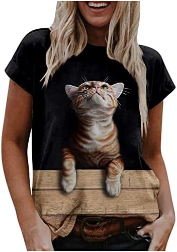 Дамски ежедневни тениска, тениска с графичен принтом котка, лятна блуза с кръгло деколте и къс ръкав, новост, върхове