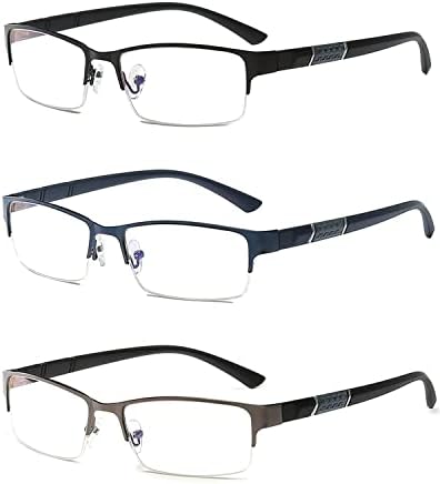 Viseng, 3 опаковки, метална дограма за Halfrim, нескользящие лък тел, синьо светозащитные очила за четене, мъжки + 3,5