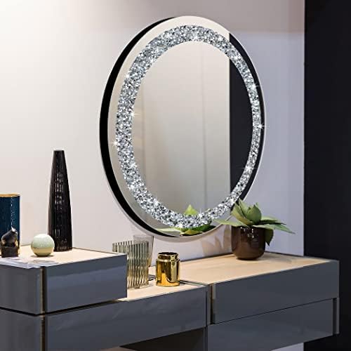 qmdecor Кръгло стенно огледало за декорация на дома от кристал и бриллиантового сребро 31,5x31,5x1 инча, монтаж на стена Без огледално