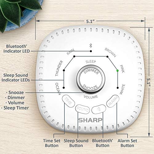 Будилник SHARP Sound Machine с Bluetooth-високоговорител, 6 Аудио записи за спане на Висока точност – Устройство с бял шум, за деца,