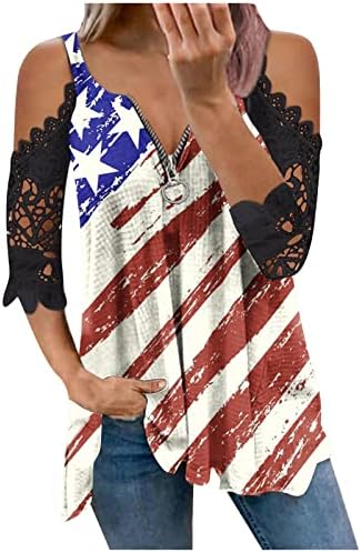Жена Топ с открити рамене, Лейси Риза Райе със Звездите и Американския Флаг, V-Образно Деколте, Отвор с цип, Къс Ръкав, Блуза, 4